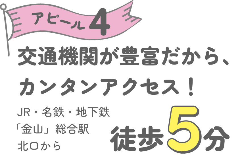 アピール4 交通機関が豊富だから、カンタンアクセス！ JR・名鉄・地下鉄・「金山」総合駅北口から徒歩5分