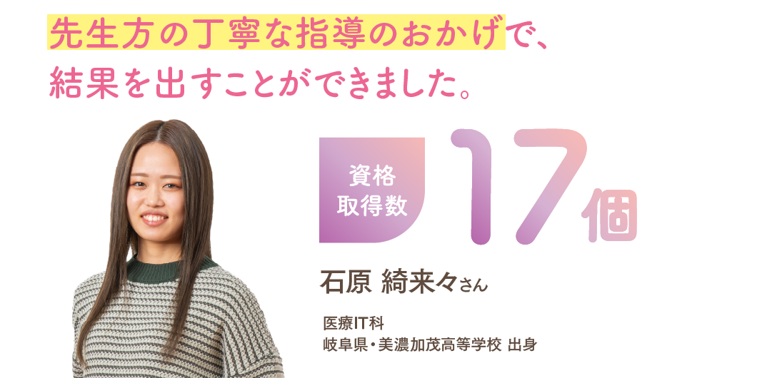 資格取得数17個 「先生方の丁寧な指導のおかげで、結果を出すことができました。」 医療IT科 石原 綺来々さん 岐阜県・美濃加茂高等学校 出身