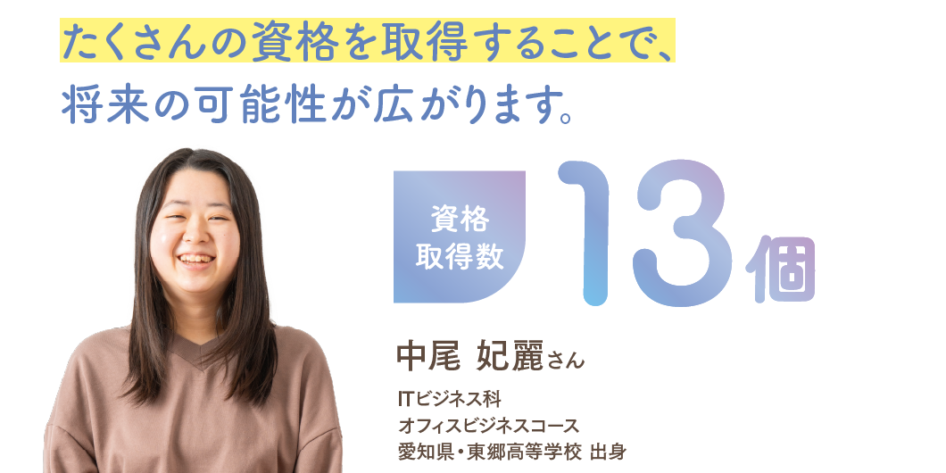 資格取得数13個 「たくさんの資格を取得することで、将来の可能性が広がります。」 ITビジネス科オフィスビジネスコース 中尾 妃麗さん 愛知県・東郷高等学校 出身